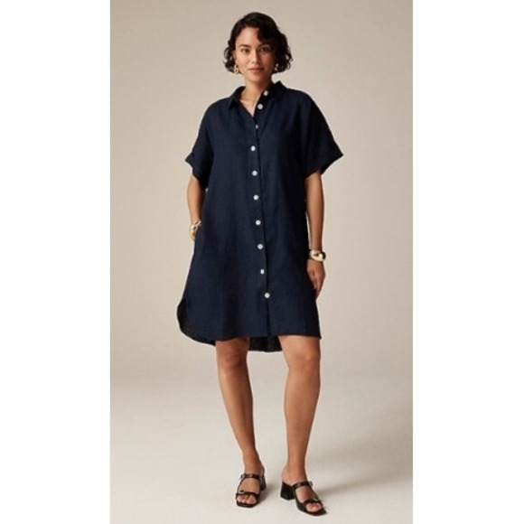 J.Crew Dresses & Skirts - J.Crew Capitane Linen Shirt Dress Navy Blue Short Sleeve Button Front Coastal M